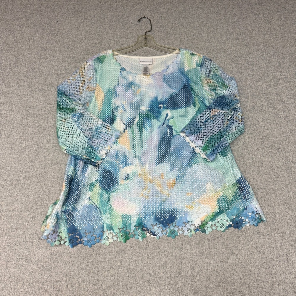 Alfred Dunner Mesh Sequin Top Large Blue Green Floral Lace Trim 3/4 Sleeve Lined